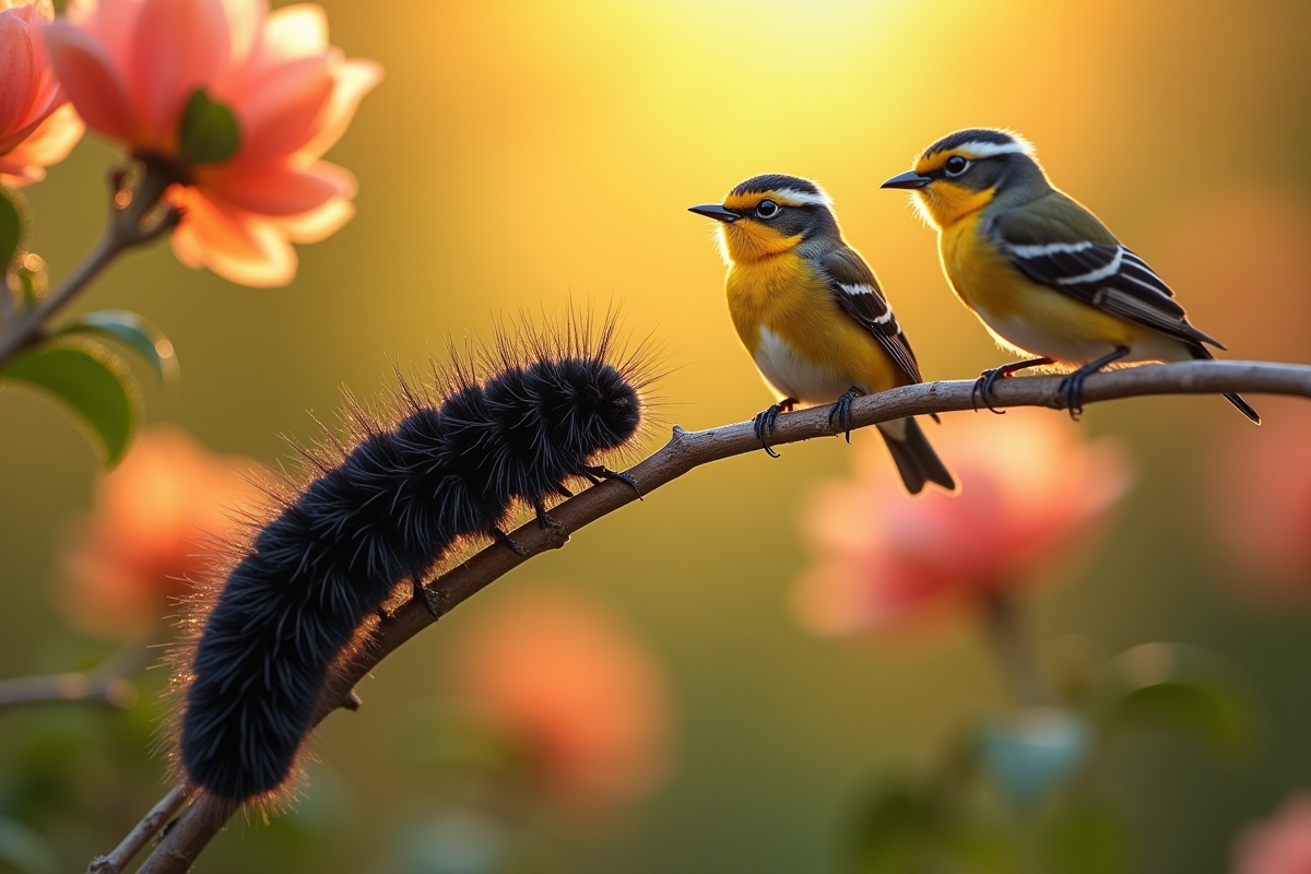 Chenille observée par deux petits oiseaux dans le jardin