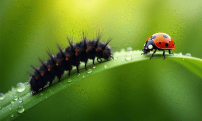 Chenille noire sur une feuille verte avec coccinelle et rosée