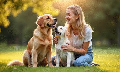 Jeune femme avec deux chiots golden retriever et labrador sur la pelouse