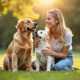 Jeune femme avec deux chiots golden retriever et labrador sur la pelouse