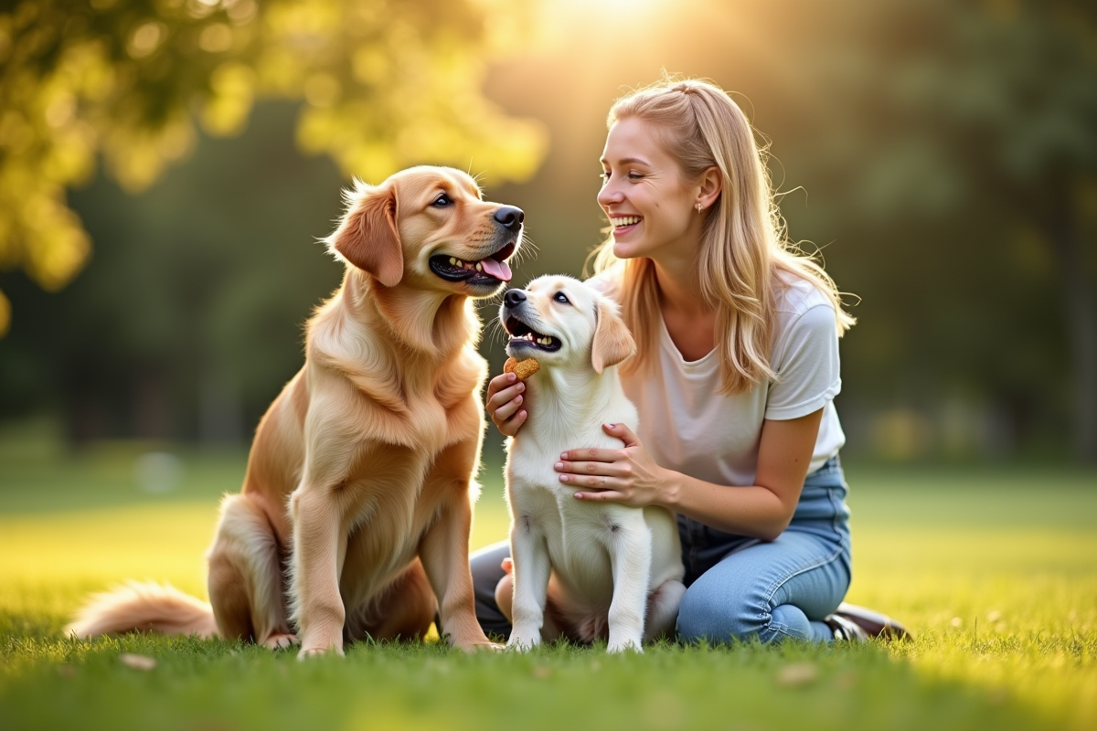 Jeune femme avec deux chiots golden retriever et labrador sur la pelouse