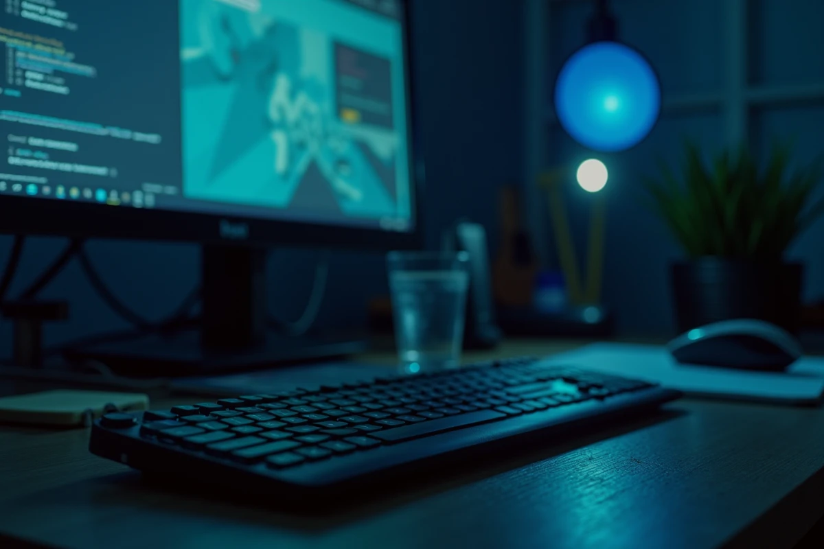Clavier d'ordinateur et écran affichant un site de téléchargement torrent sur un bureau à domicile en soirée