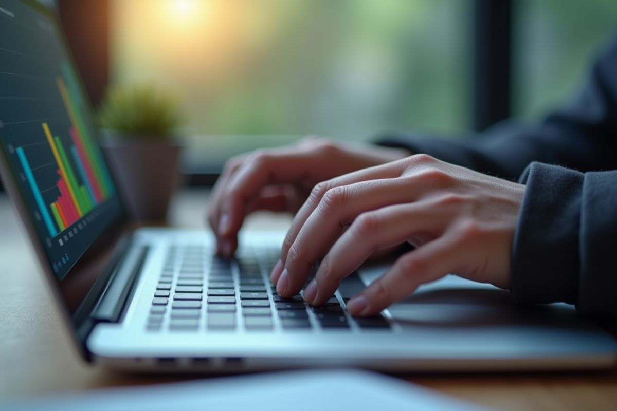 Mains tapant sur un clavier avec graphiques de gestion de projet