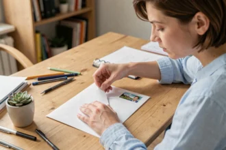 Femme plaçant un timbre dans le coin supérieur droit d'une enveloppe sur un bureau en bois