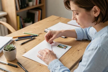 Femme plaçant un timbre dans le coin supérieur droit d'une enveloppe sur un bureau en bois