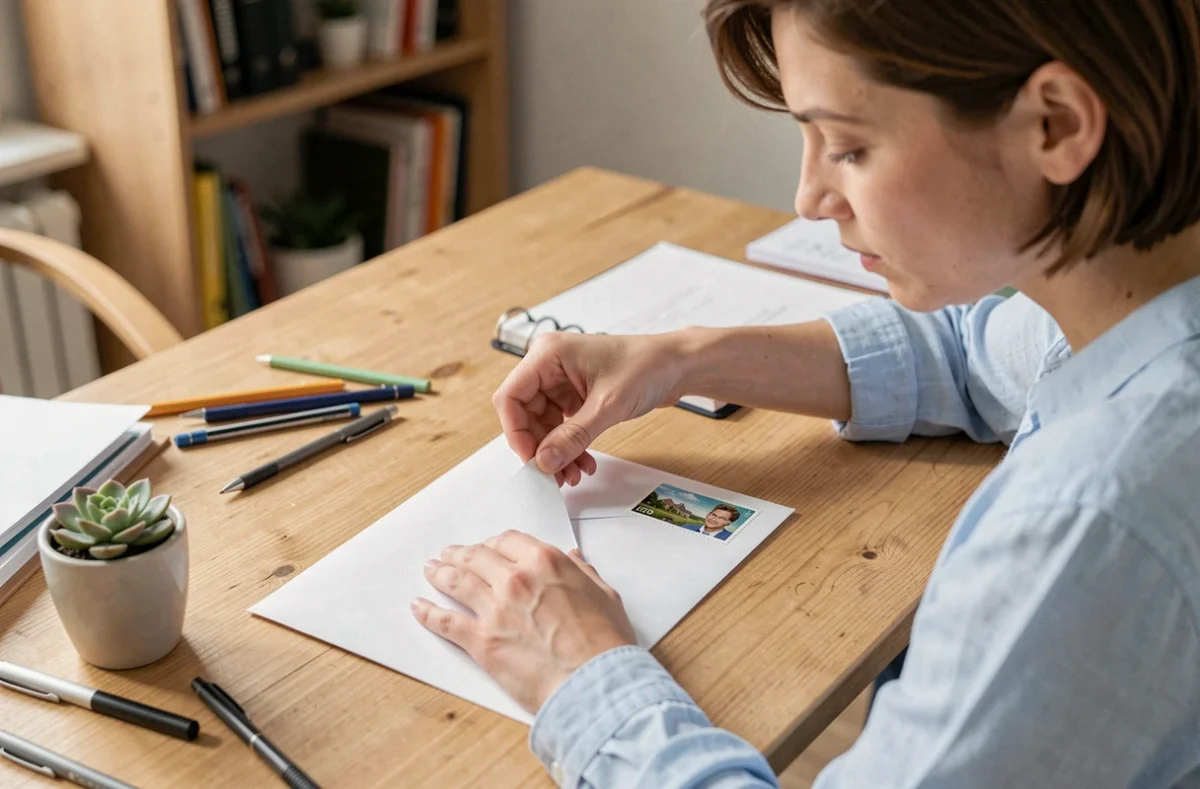 Femme plaçant un timbre dans le coin supérieur droit d'une enveloppe sur un bureau en bois