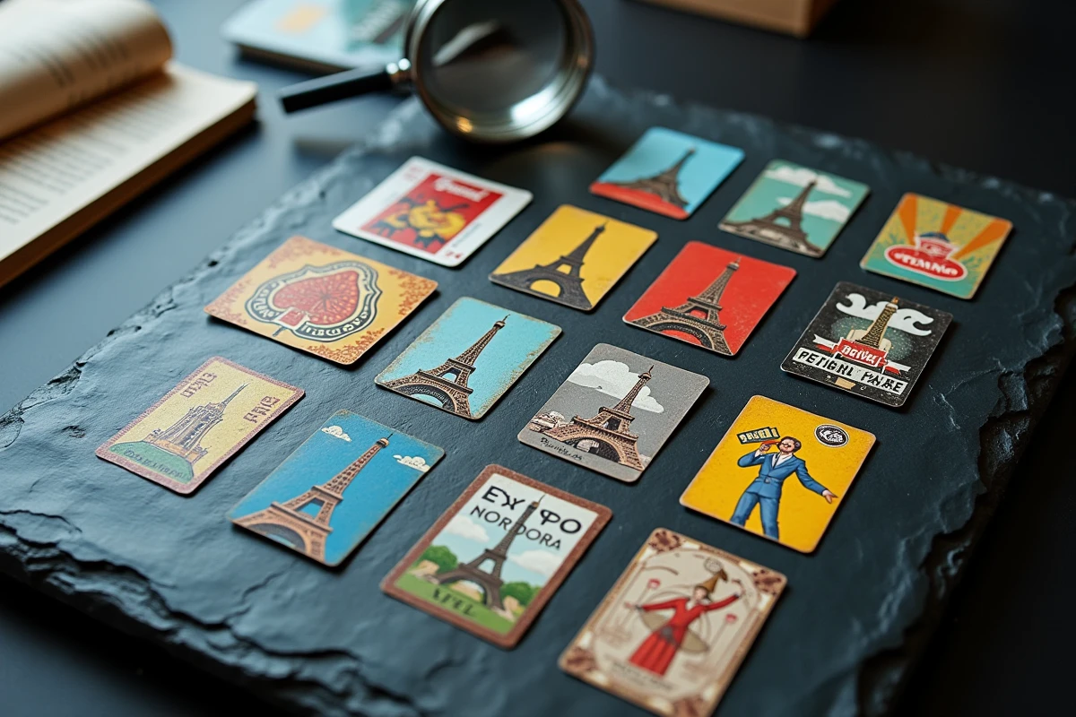 Collection de télécartes rares françaises en vue aérienne sur une surface en ardoise avec loupe de collection