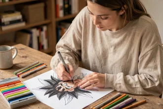 Femme adulte coloriant un dessin Dragon Ball Z anti-stress avec des feutres de précision sur un bureau en bois