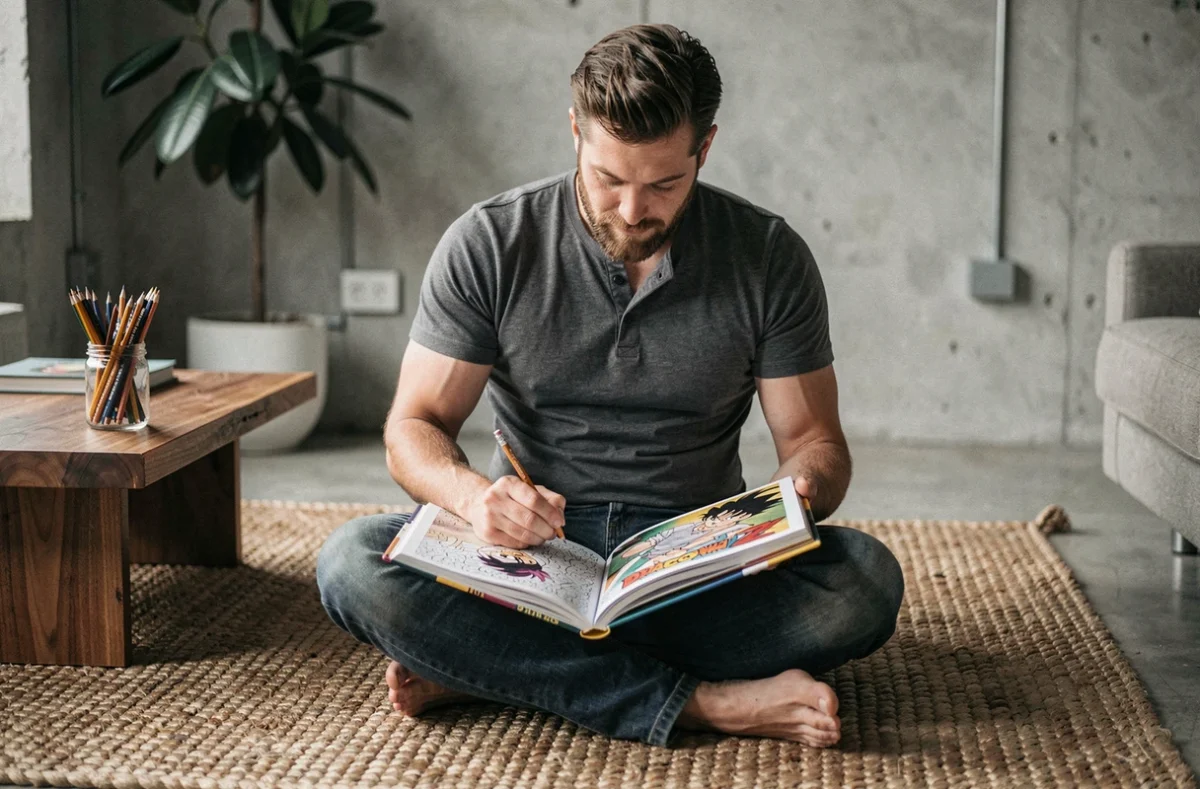 Homme adulte coloriant un livre de coloriage Dragon Ball Z anti-stress assis sur un tapis dans un salon moderne