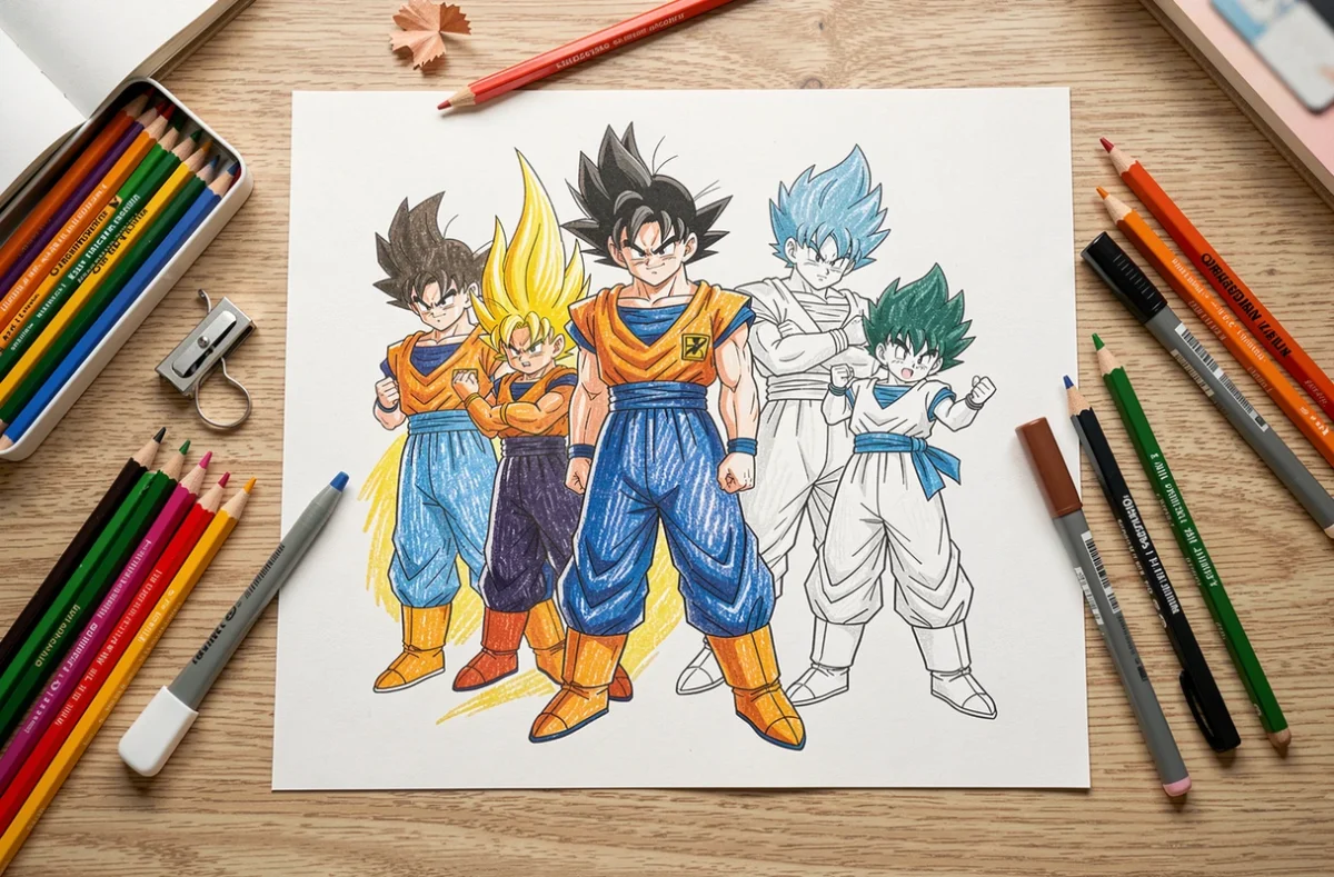 Vue du dessus d'un coloriage Dragon Ball Z adulte en cours avec crayons de couleur et feutres sur table en bois