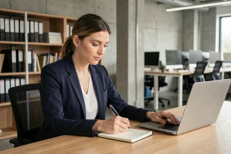 Femme professionnelle comparant deux solutions logicielles sur des ordinateurs portables dans un bureau moderne, illustrant le choix entre Kabrax et ses alternatives
