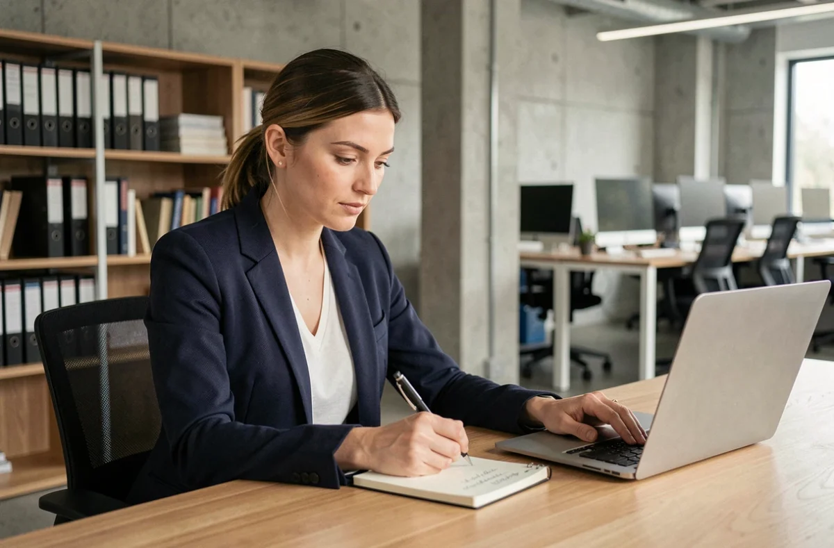 Femme professionnelle comparant deux solutions logicielles sur des ordinateurs portables dans un bureau moderne, illustrant le choix entre Kabrax et ses alternatives