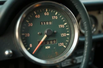 Compteur de vitesse analogique vintage indiquant 37 mph avec échelle km/h visible, tableau de bord en cuir sombre en arrière-plan flou