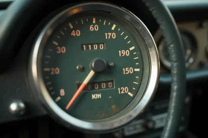 Compteur de vitesse analogique vintage indiquant 37 mph avec échelle km/h visible, tableau de bord en cuir sombre en arrière-plan flou