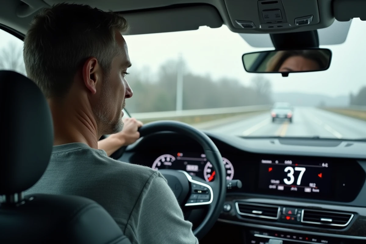 Conducteur adulte regardant un tableau de bord numérique affichant la conversion de vitesse 37 mph en km/h dans une voiture moderne sur autoroute