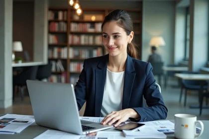 Femme professionnelle en blazer marine travaillant dans un bureau moderne pour une collaboration média