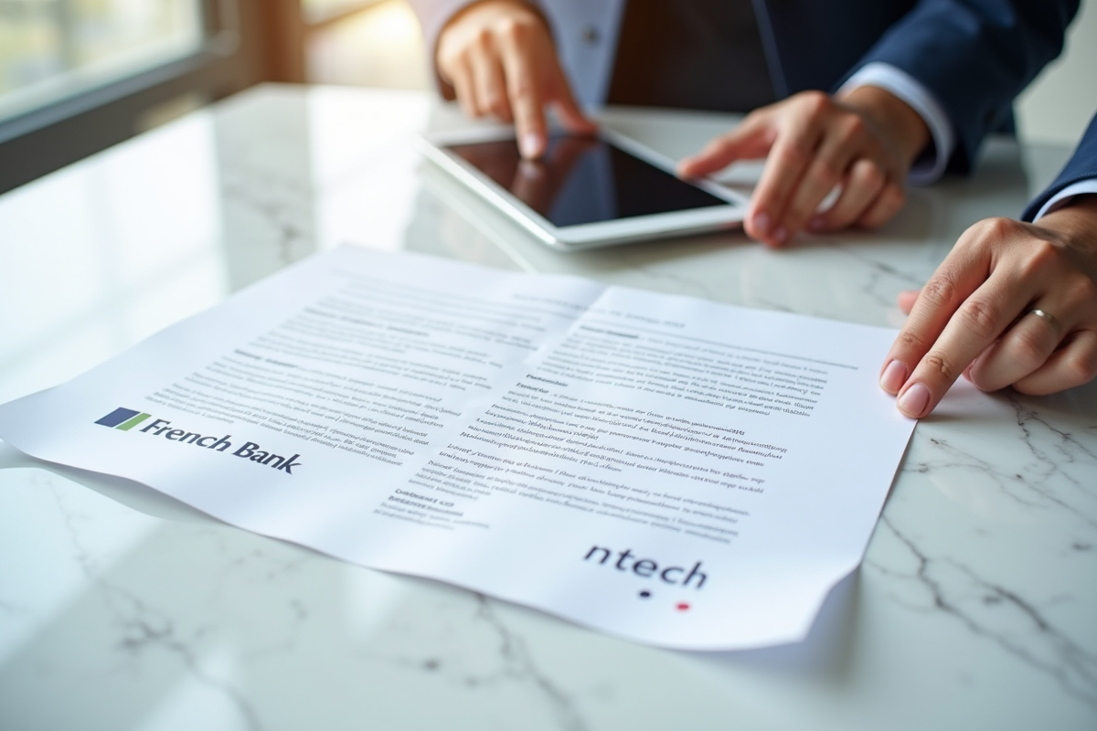 Contrat déchiré avec logos banque et fintech sur un bureau blanc