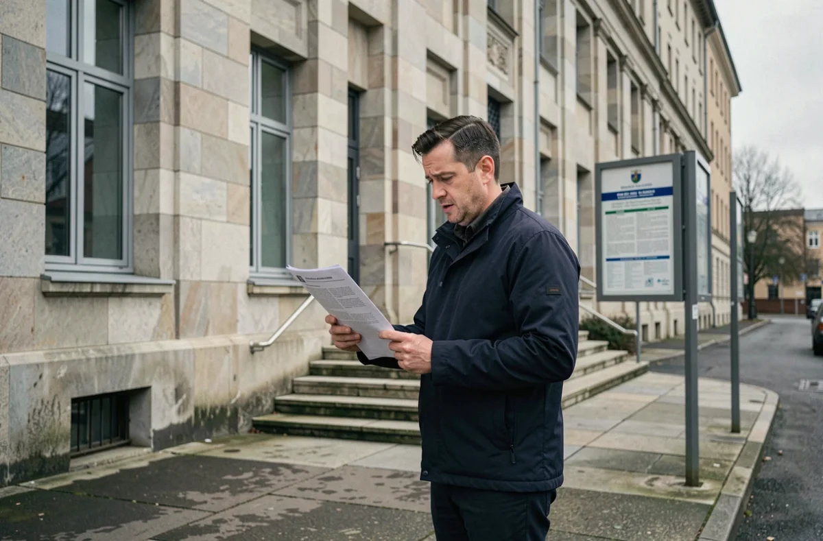 Homme consultant un avis de traitement administratif devant un bâtiment officiel de préfecture en France