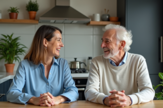 Femme et homme âgé discutant à la cuisine chaleureuse