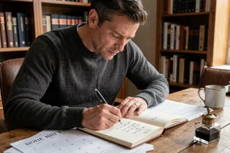 Homme écrivant des dates en chiffres romains dans un carnet sur un bureau en bois avec un calendrier annoté