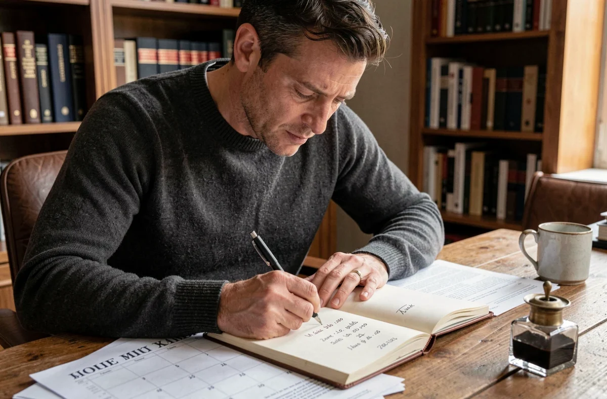 Homme écrivant des dates en chiffres romains dans un carnet sur un bureau en bois avec un calendrier annoté