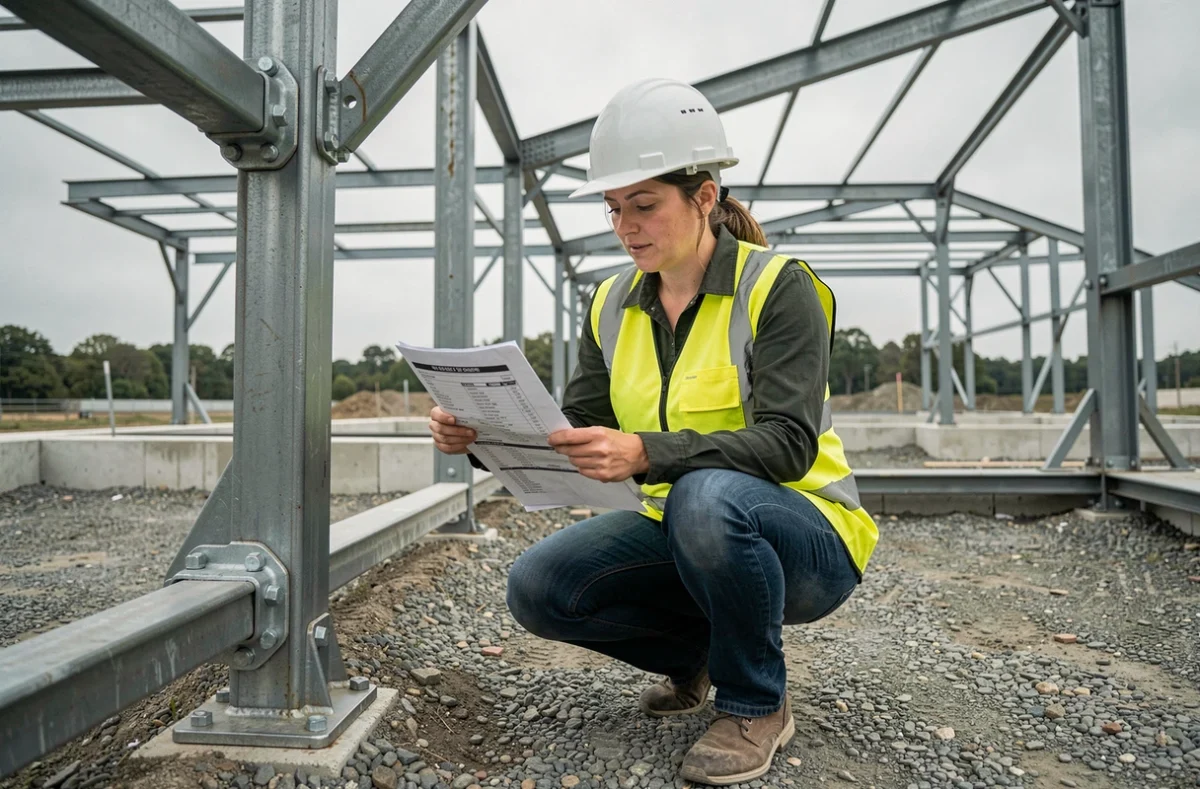 Ingénieure en bâtiment analysant des cornières en acier boulonnées sur une structure en construction