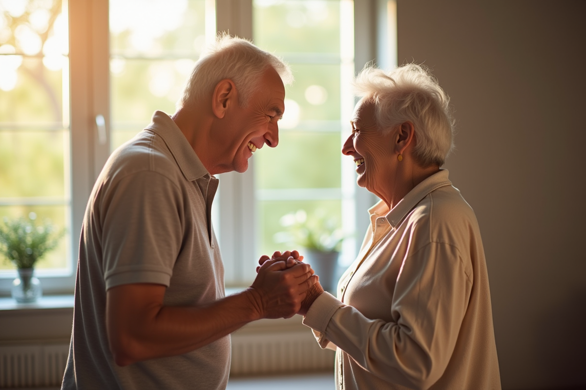 Couple âgé souriant dans un salon lumineux