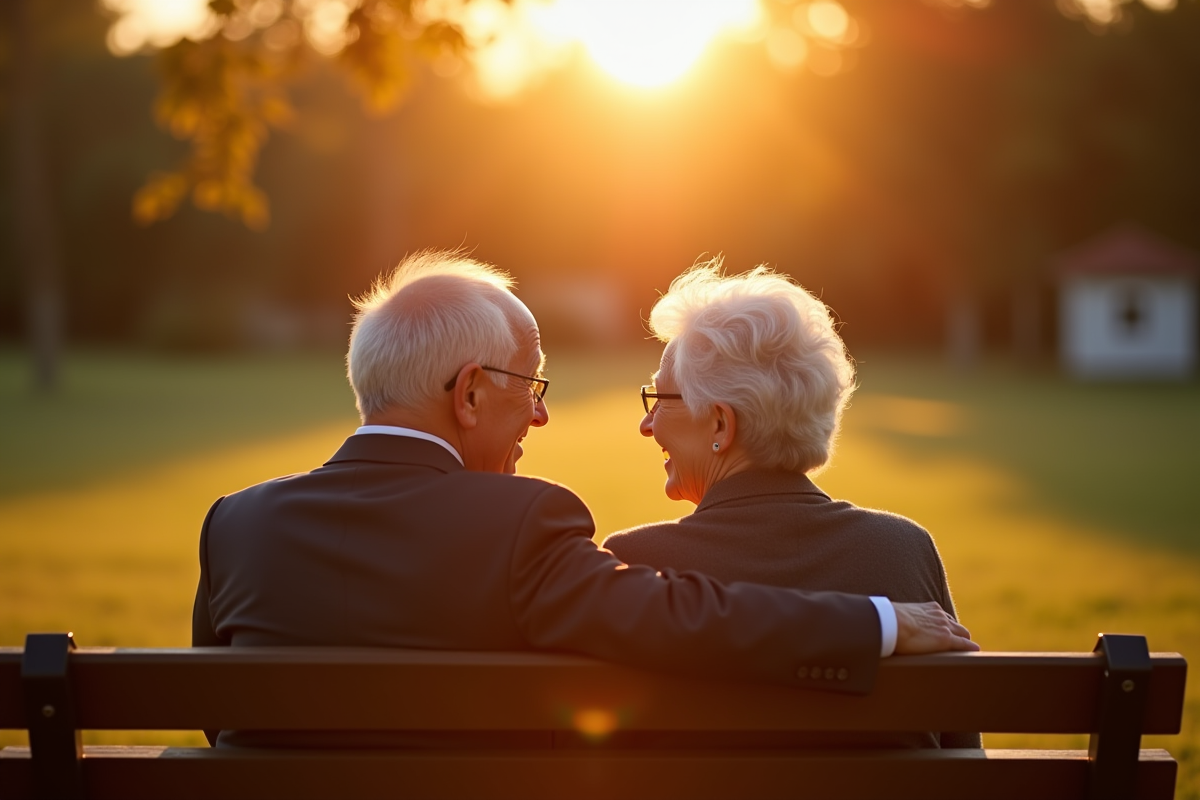Vieux couple assis sur un banc dans un parc en fin d