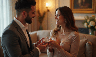 Couple échangeant des bijoux en argent dans un salon chaleureux