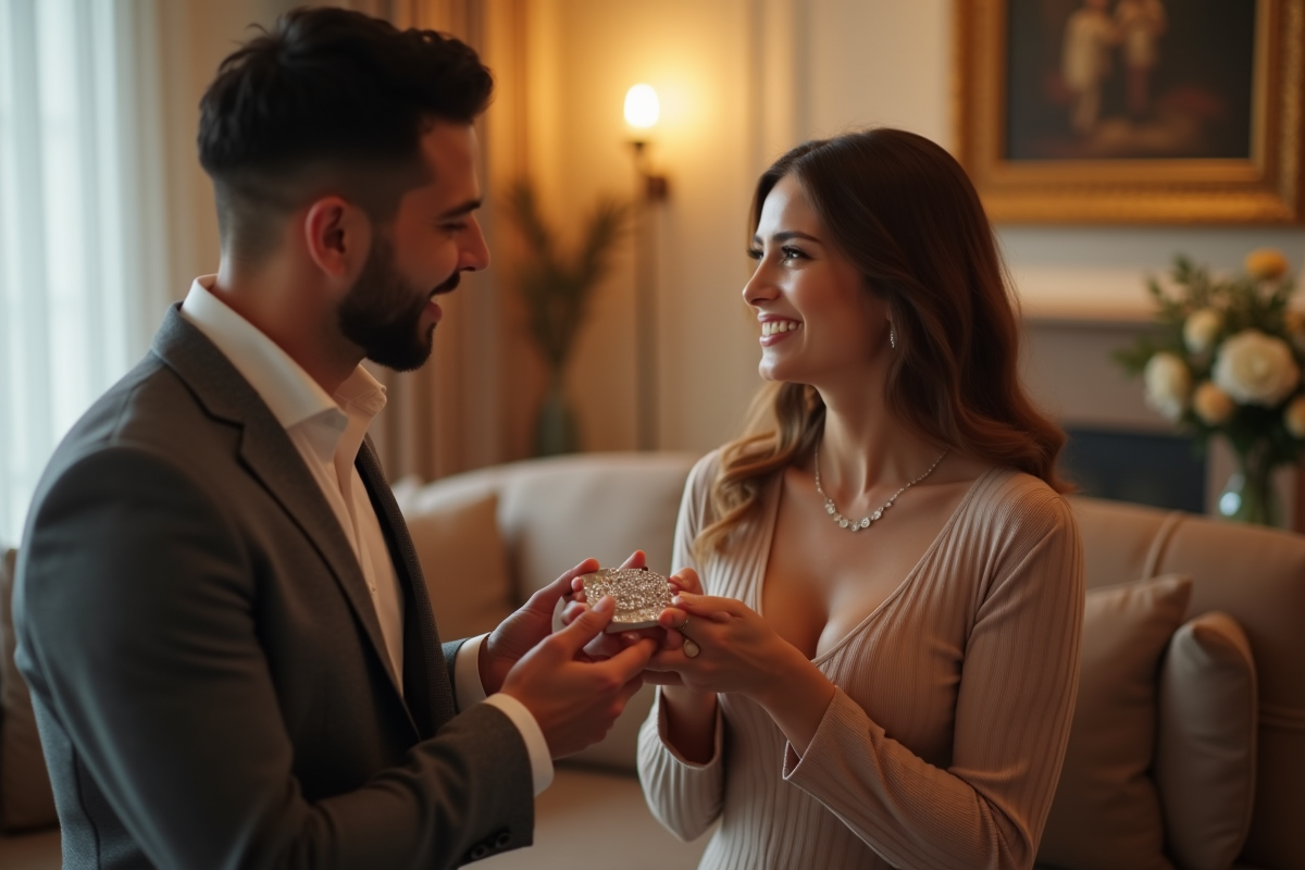 Couple échangeant des bijoux en argent dans un salon chaleureux
