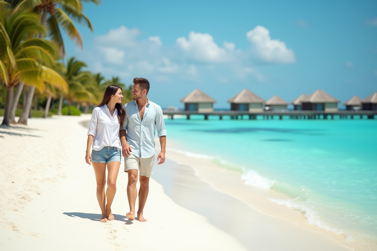 Jeune couple marchant sur plage de sable blanc turquoise