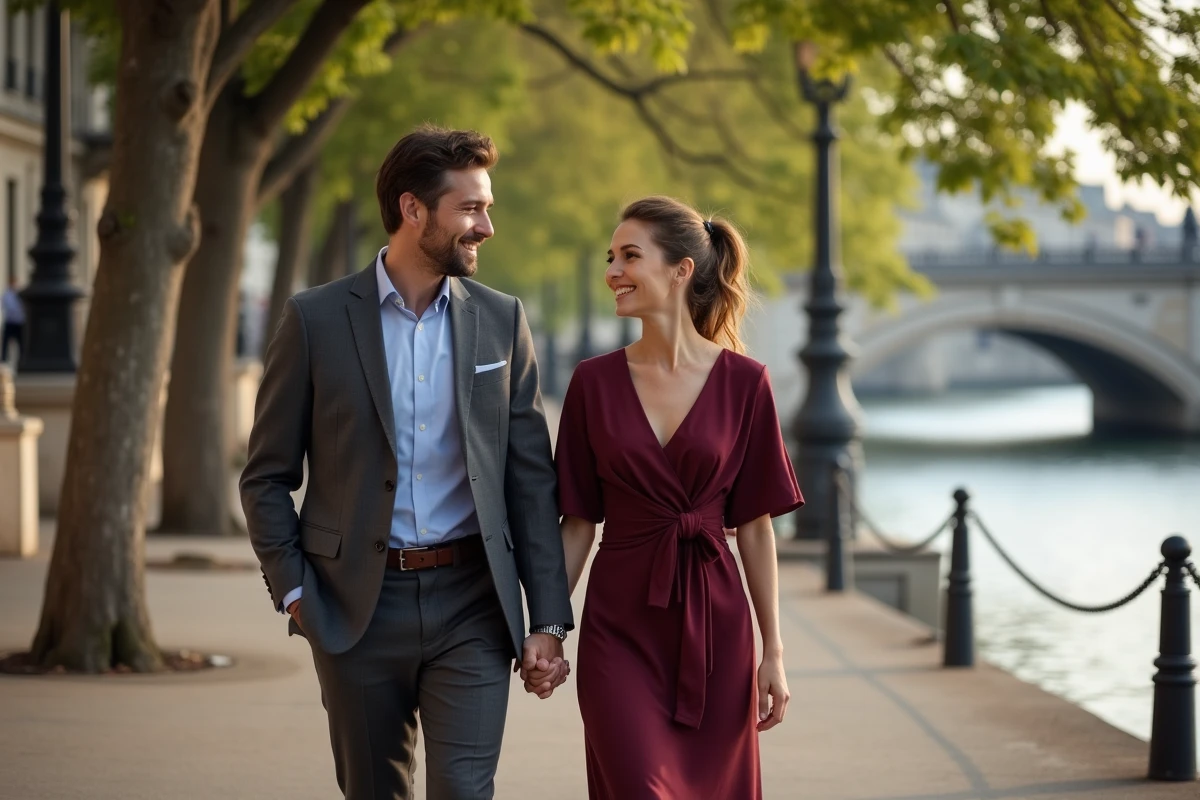 Couple élégant se promenant main dans la main le long des quais de la Seine à Paris, atmosphère romantique et complice