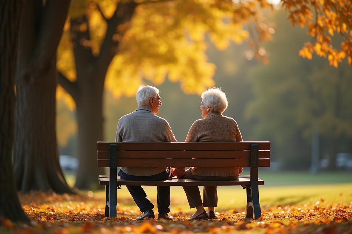 Vieux couple main dans la main dans un parc en automne sous les arbres