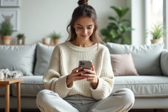 Jeune femme créant une Instagram Story sur son smartphone depuis son canapé en lin gris dans un salon minimaliste
