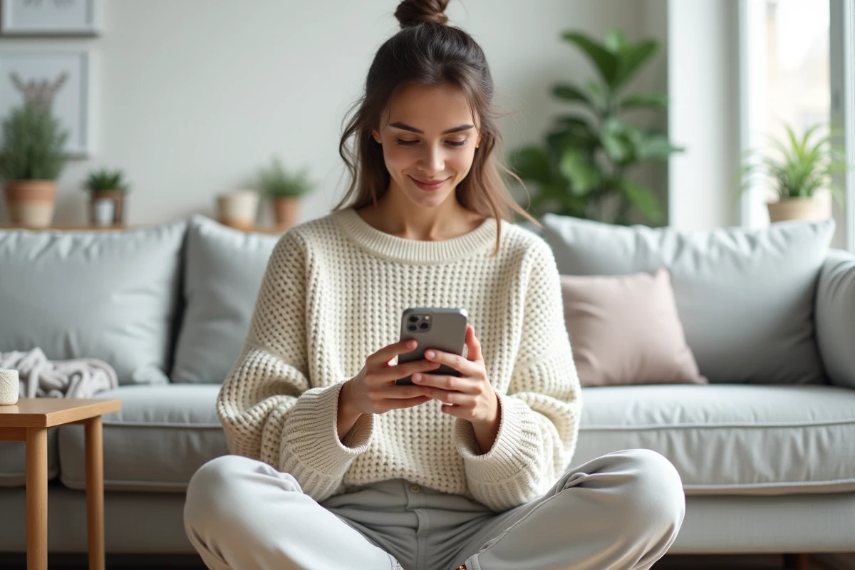 Jeune femme créant une Instagram Story sur son smartphone depuis son canapé en lin gris dans un salon minimaliste