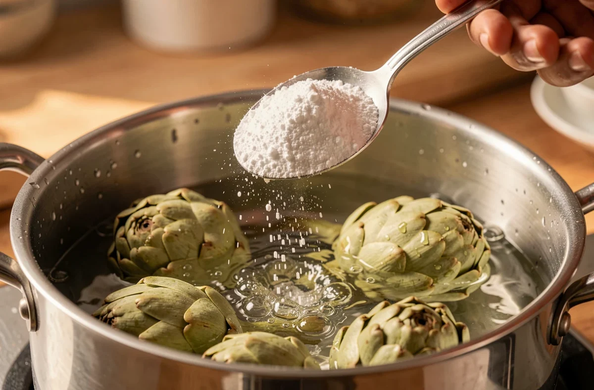 Cuillère de bicarbonate au-dessus d'une casserole d'eau bouillante avec artichauts