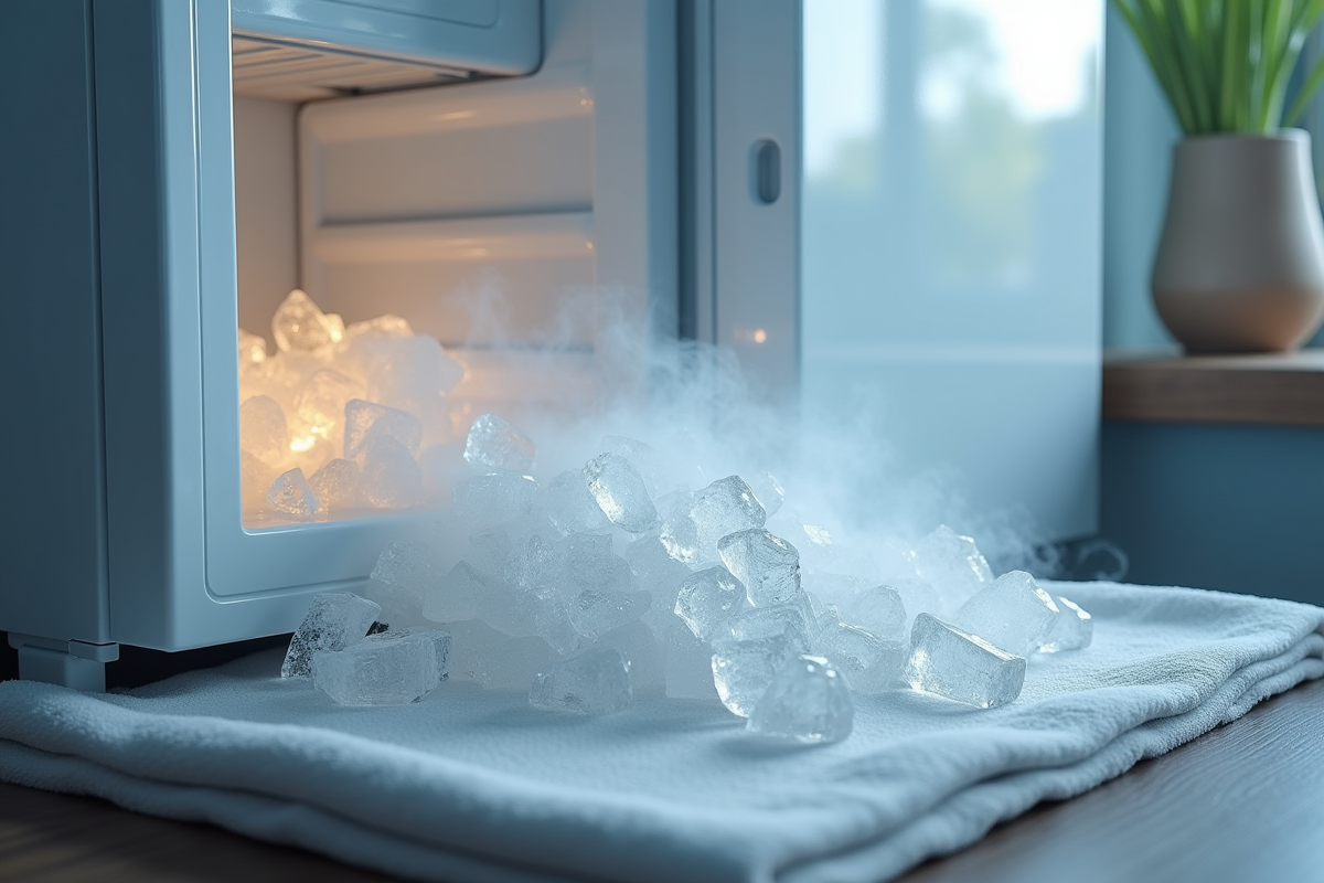 Plan de la cuisine avec congélateur ouvert et glace fondante