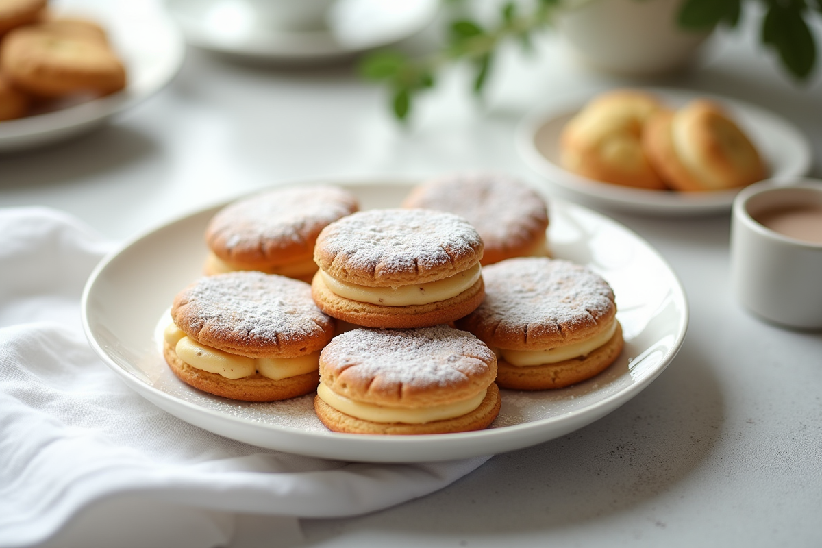 Biscuits dacquoise saupoudres de sucre glace sur une nappe blanche