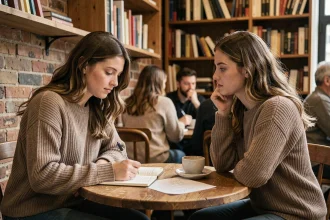 Deux amies dans un café, l'une écrivant une lettre manuscrite à l'autre, exprimant des sentiments d'amitié sincère