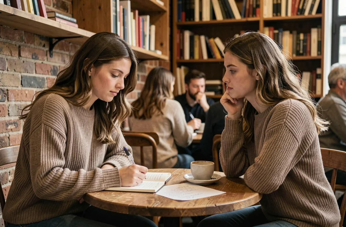Deux amies dans un café, l'une écrivant une lettre manuscrite à l'autre, exprimant des sentiments d'amitié sincère