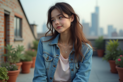 Jeune demigirl assise sur un toit urbain en denim
