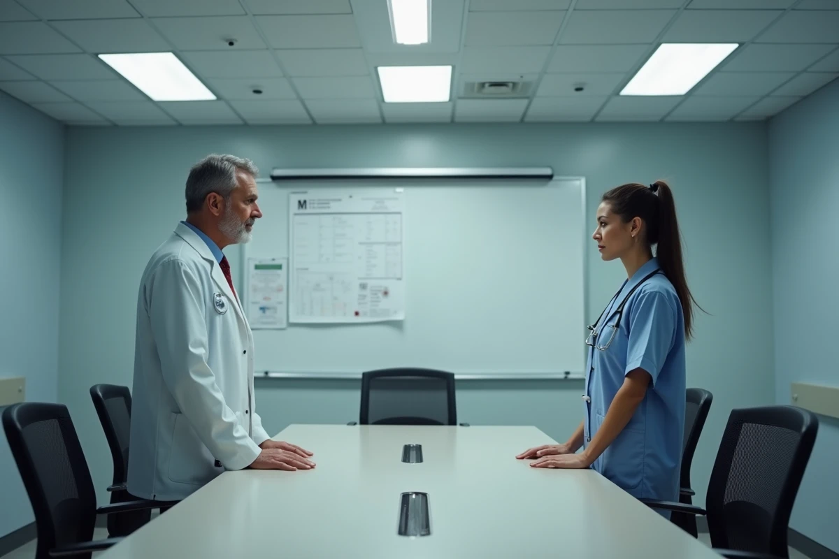 Deux médecins face à face de part et d'autre d'une table de conférence hospitalière symbolisant une relation professionnelle impossible et une distance émotionnelle