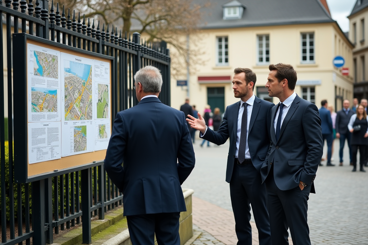 Groupe de professionnels discute devant un panneau d