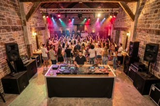Vue panoramique d'un événement DJ en Bourgogne-Franche-Comté avec une foule animée dans une salle au décor mêlant pierre ancienne et équipements modernes