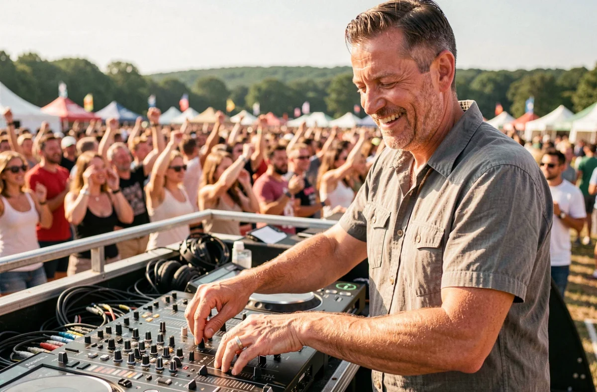 DJ Chris animant un festival estival en plein air en Bourgogne-Franche-Comté, souriant derrière ses platines face à une foule ensoleillée