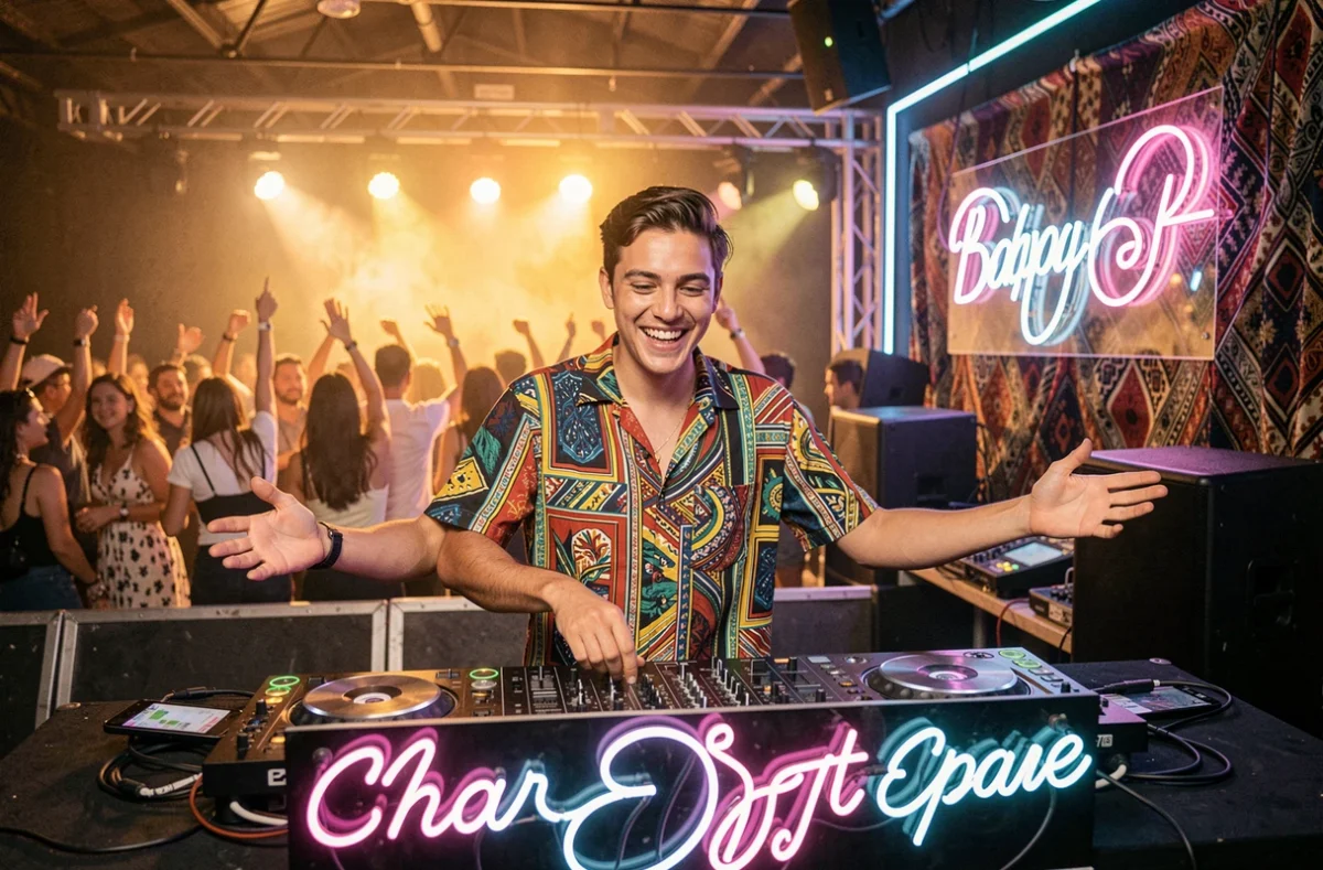DJ Flobynks souriant derrière ses platines avec une signalétique néon personnalisée dans une salle de fête animée