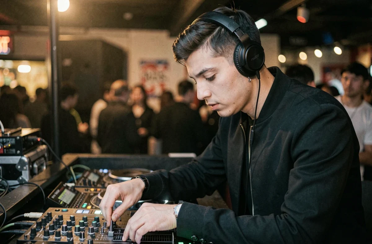 DJ S concentré sur ses platines dans un club sombre, casque sur une oreille, regard fixé sur le mixer