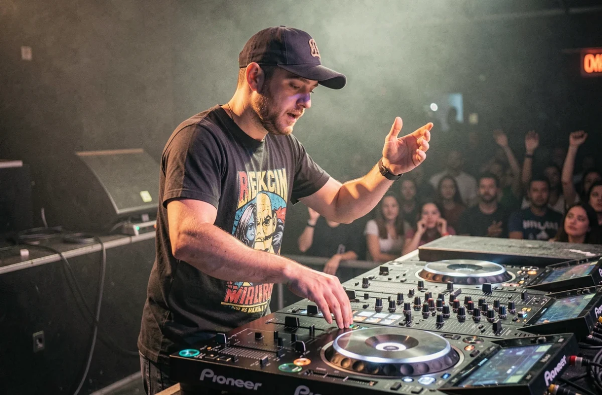 DJMAUF en pleine performance derrière ses platines Pioneer sur scène dans un club de la région Bourgogne-Franche-Comté