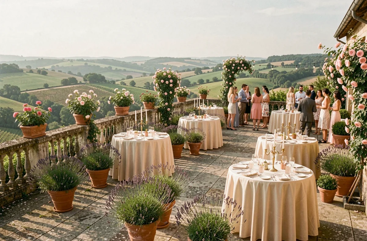 Terrasse de réception en pierre du Domaine de la Terrasse avec tables dressées et vue sur la campagne toulousaine