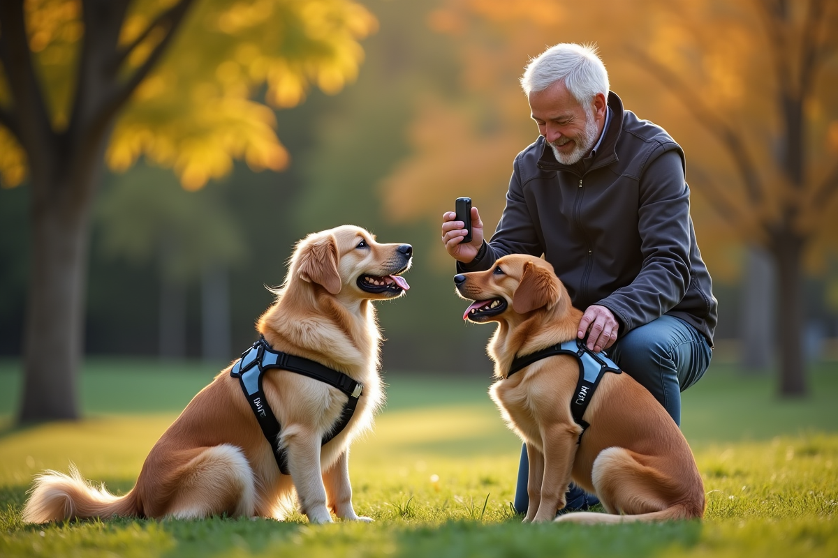 Homme entraînant deux chiens dans un parc urbain ensoleillé